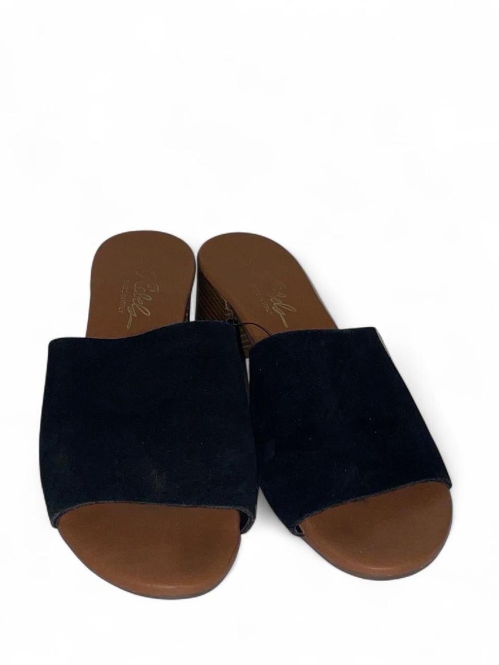 Rebels Black Suede Slide Mules with Brown Footbed and wood heel
